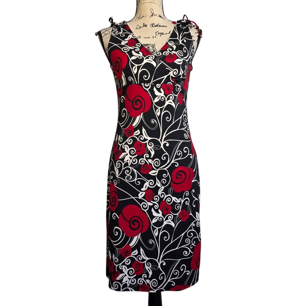 Y2k I.n. san Francisco black and red rose floral pattern goth midi dress sz M
